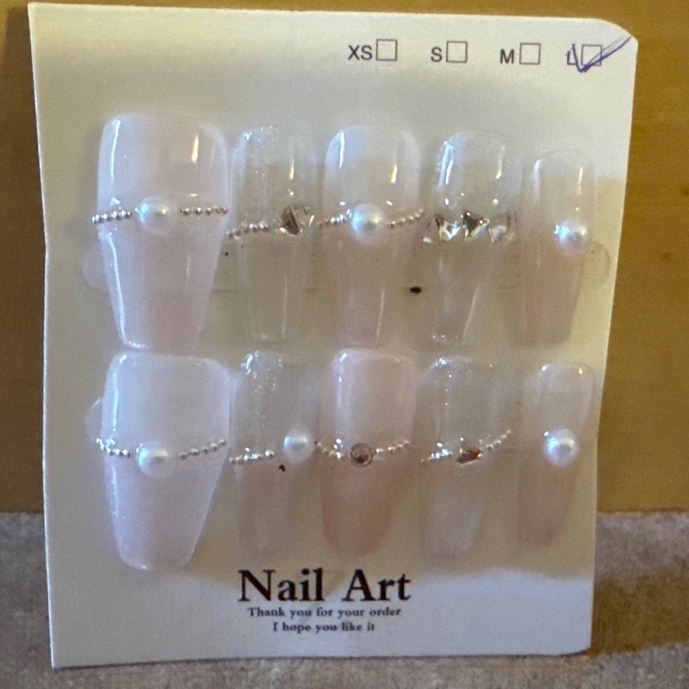 Pearl Accent Press On Nails Coffin Long Milky White Rhinestone 3D Nail Art Large